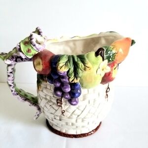Ceramic Fruit Basket Weave Pitcher Ribbon Handle